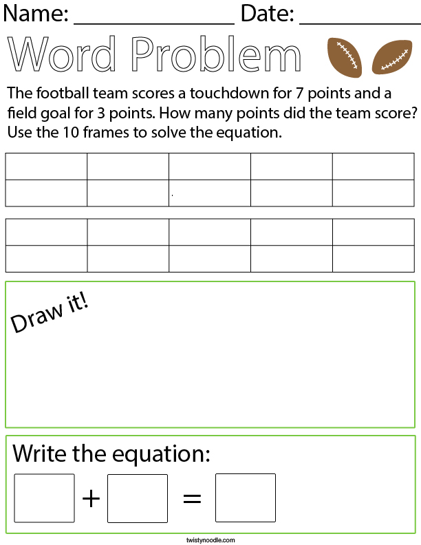 Football Addition Word Problem Math Worksheet Twisty Noodle